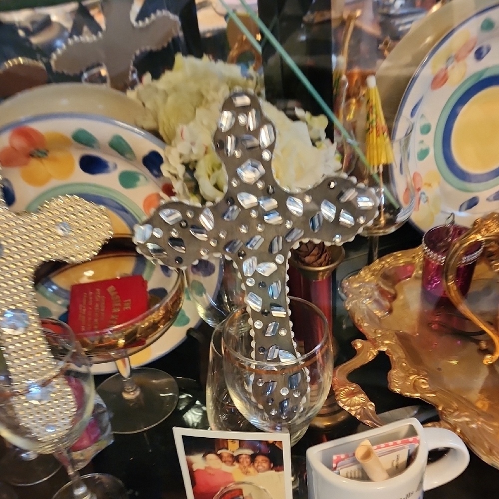 Decorative Silver Cross with Gem Accents